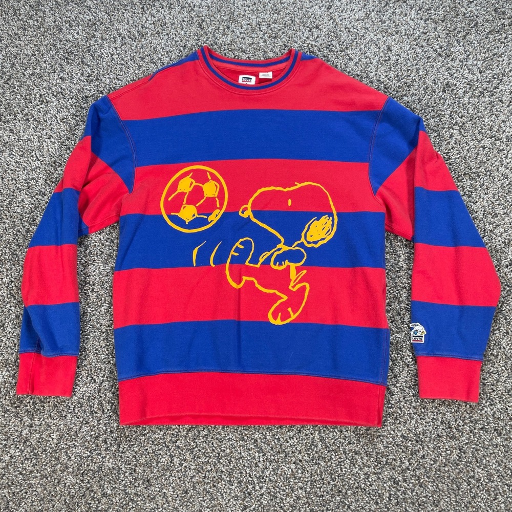 Levis x Peanuts Snoopy Mens Small Soccer Striped Sweatshirt Red Blue 238940003